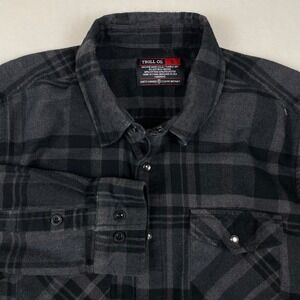 Troll Co Dirty Hands Clean Money Mens Large Black Grey Plaid Flannel Snap Shirt